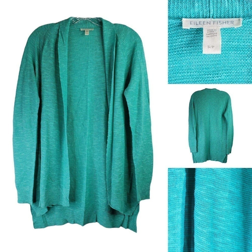 Eileen Fisher Women Teal Green Linen Open Cardigan Small Knit Longline Sweater